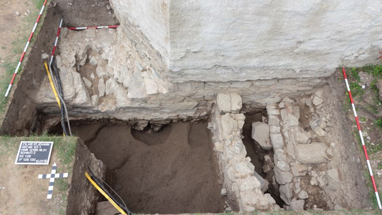 Archaeological dig – left, the mighty foundation wall of the Roman burgus, © SILVA NORTICA